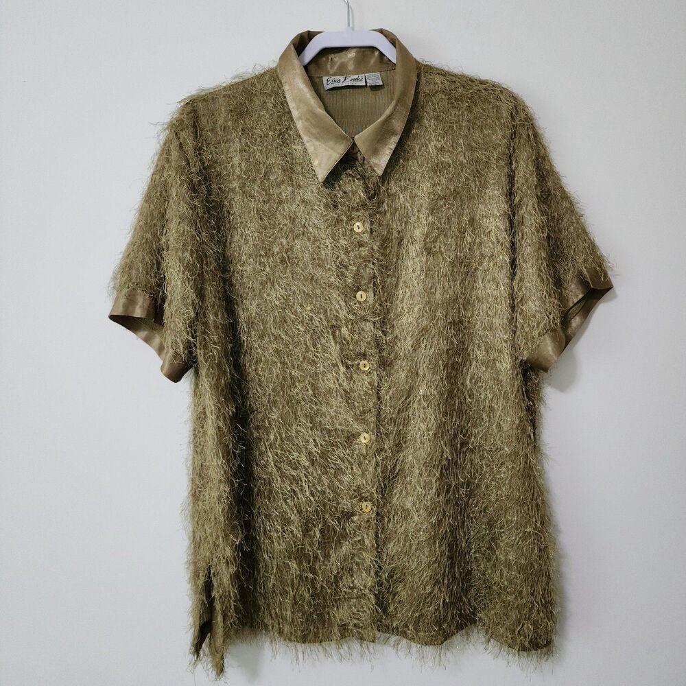 Erica Brooke Collection Womens Evening Button-Down Top Olive Green Fuzzy Size 20